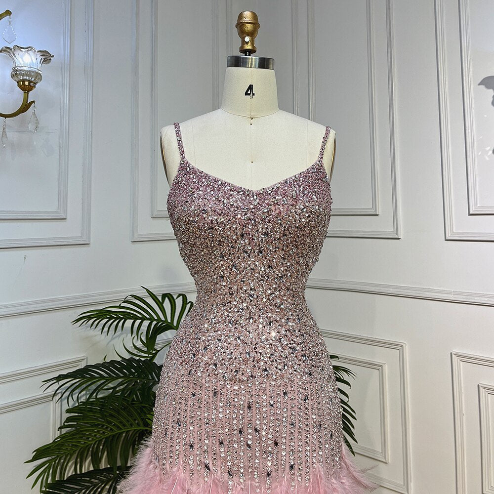 Pink Mermaid Sweatheart Spaghetti Strap Short Evening Dresses Beaded Feather Mini Gowns 2025 For Women Party LA72039