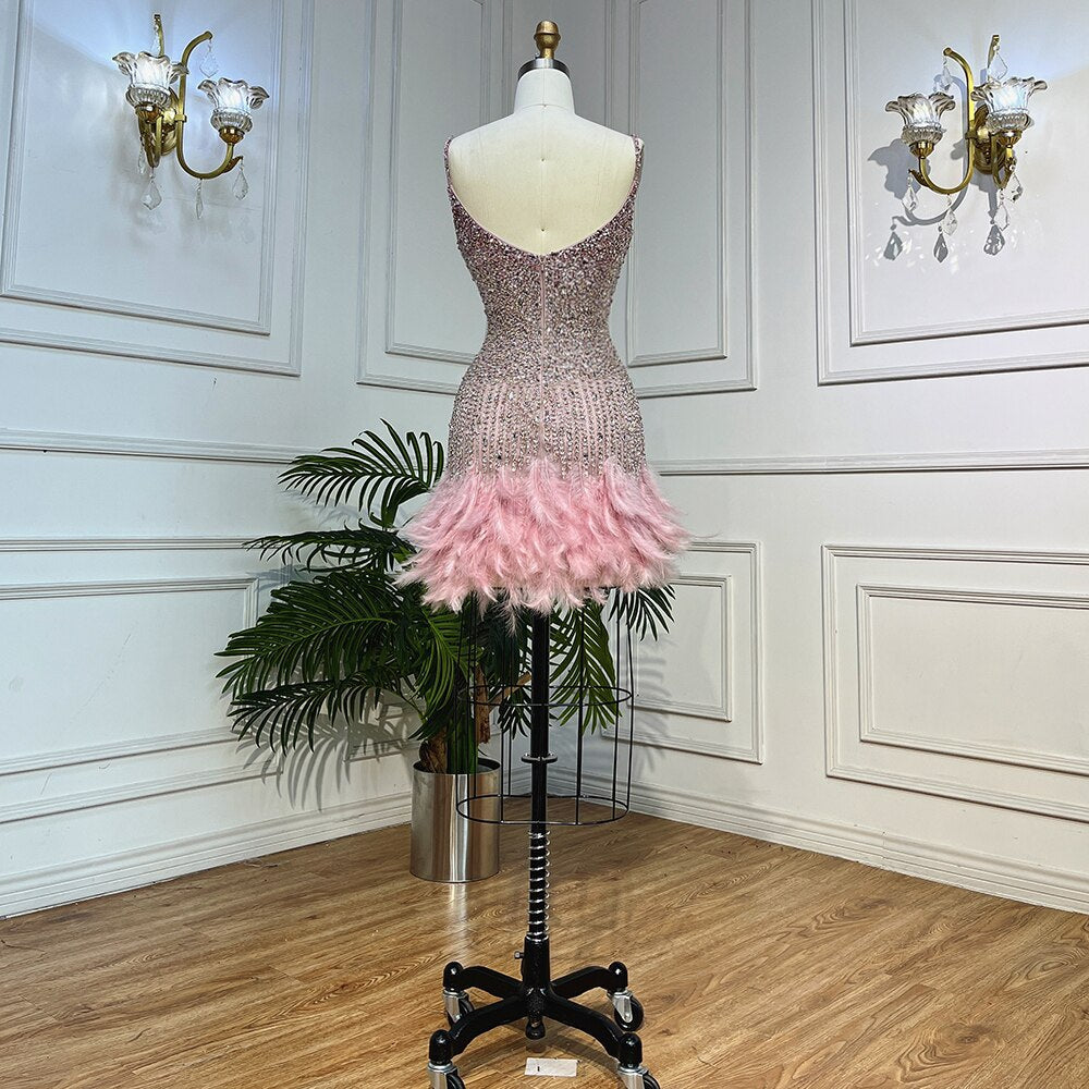 Pink Mermaid Sweatheart Spaghetti Strap Short Evening Dresses Beaded Feather Mini Gowns 2025 For Women Party LA72039