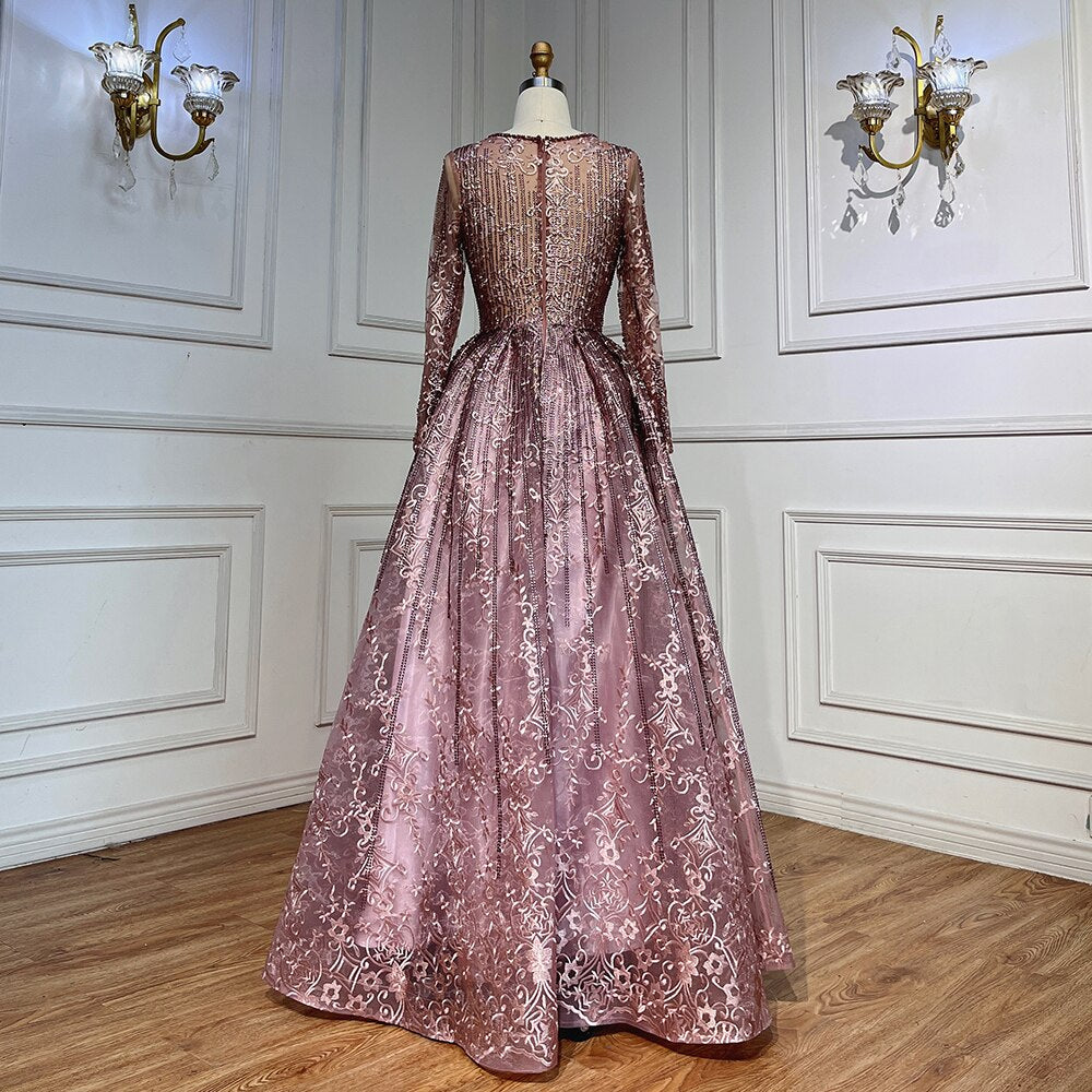 Pink Muslim A Line Long Sleeves Evening Dresses Arabic Luxury Beaded Gowns 2025 For Women Wedding Party LA70552A