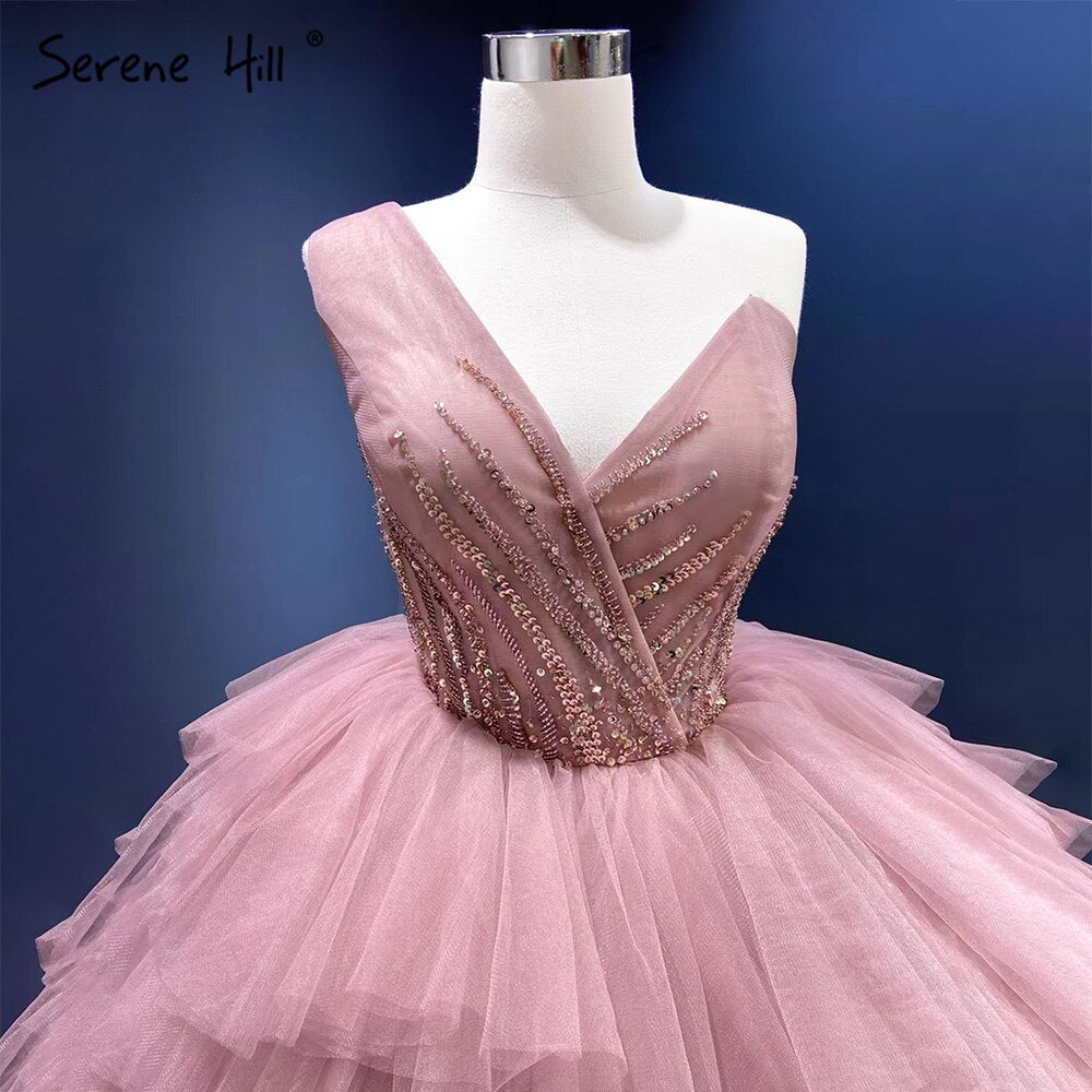 Pink One Shoulder Wedding Dresses 2025 Ruffles Beaded Sexy Bridal Gowns HM66934D Custom Made