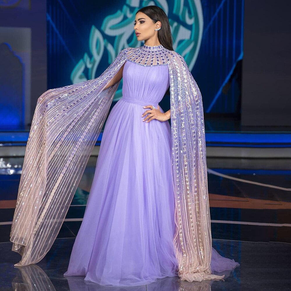 Lila Arabisch A-linie Perlen Sexy Luxus Cape-Ärmel High Neck Abendkleider Kleider 2025 Für Frauen Party LA71764