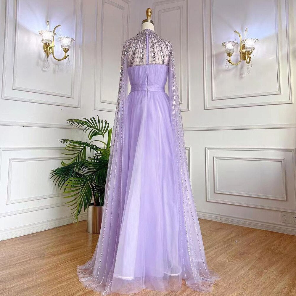 Vestido de noche morado árabe con escote en A, mangas largas, cuello alto, sexy, de lujo, con cuentas, para mujer, fiesta, LA71764