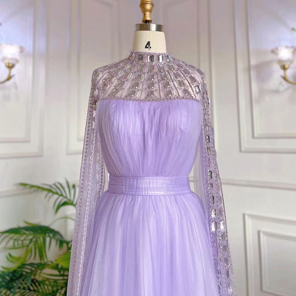 Vestido de noche morado árabe con escote en A, mangas largas, cuello alto, sexy, de lujo, con cuentas, para mujer, fiesta, LA71764