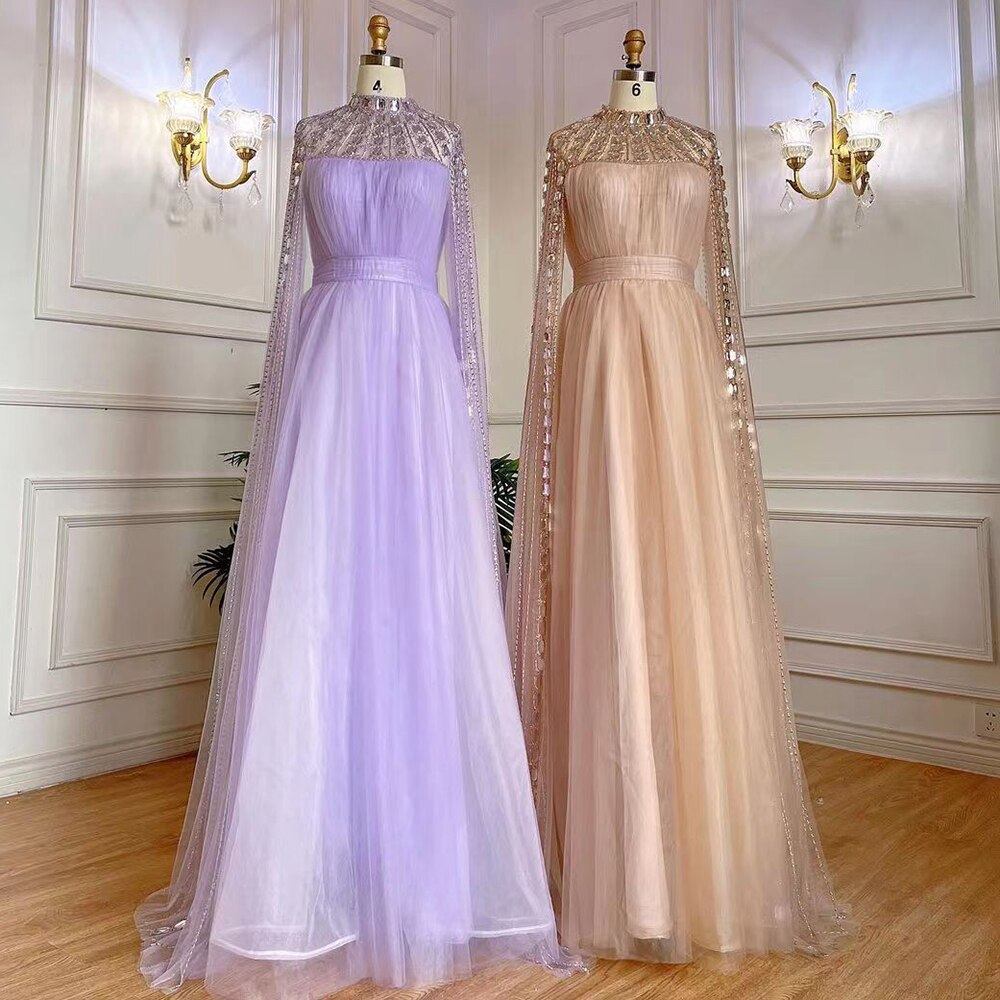 Vestido de noche morado árabe con escote en A, mangas largas, cuello alto, sexy, de lujo, con cuentas, para mujer, fiesta, LA71764