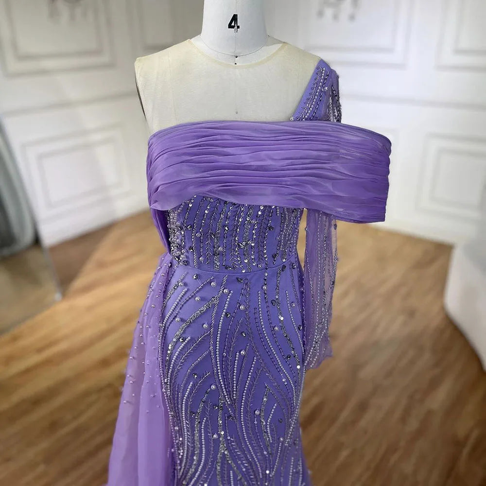 Vestido de noche árabe morado con cola lateral y perlas, un hombro, para mujer, para fiesta formal de graduación, boda, 2025 LA72332A