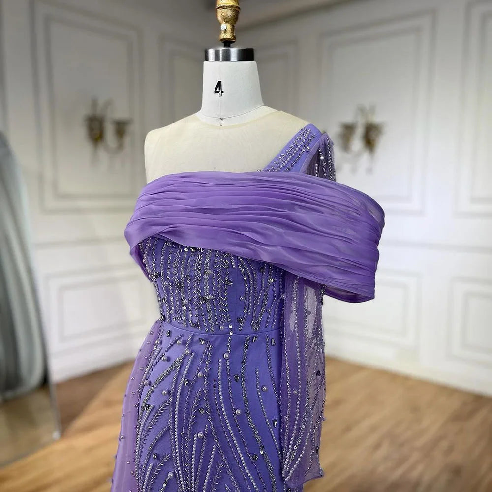 Vestido de noche árabe morado con cola lateral y perlas, un hombro, para mujer, para fiesta formal de graduación, boda, 2025 LA72332A