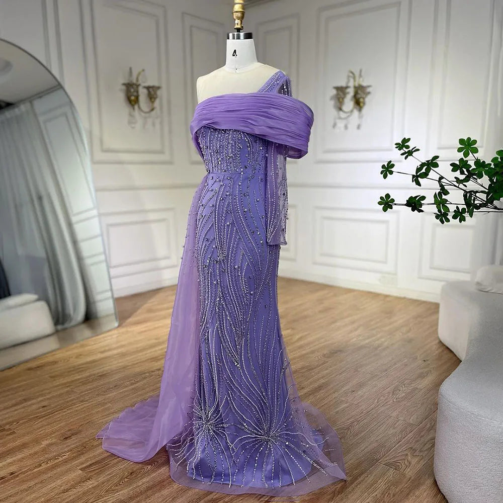 Vestido de noche árabe morado con cola lateral y perlas, un hombro, para mujer, para fiesta formal de graduación, boda, 2025 LA72332A