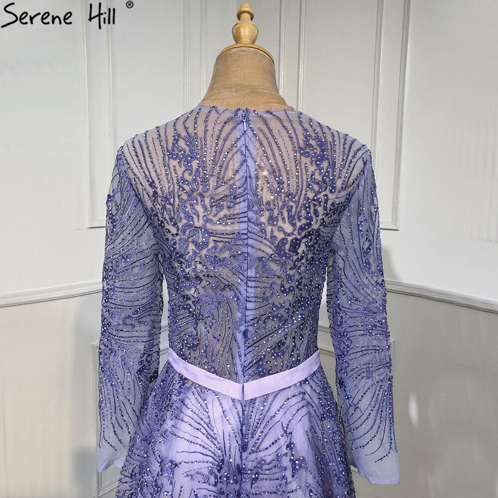 Vestidos de noche morados con fajas y cuentas, corte A, mangas largas, elegantes y de lujo para mujer, para fiestas, LA70138