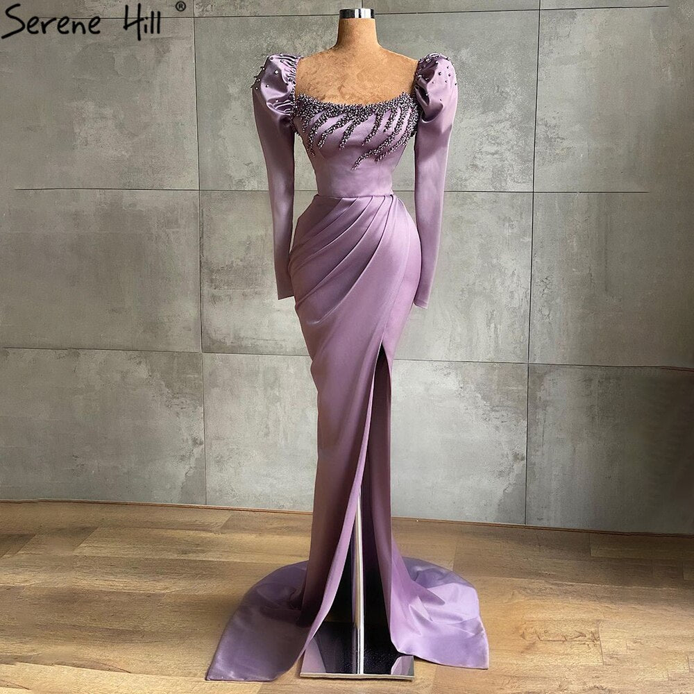 Vestido de noche morado de corte sirena con abertura alta, elegante, de satén con cuentas, para mujer, para fiesta, LA71090