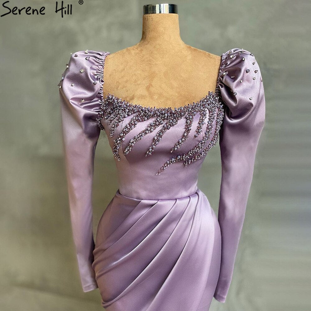 Vestido de noche morado de corte sirena con abertura alta, elegante, de satén con cuentas, para mujer, para fiesta, LA71090
