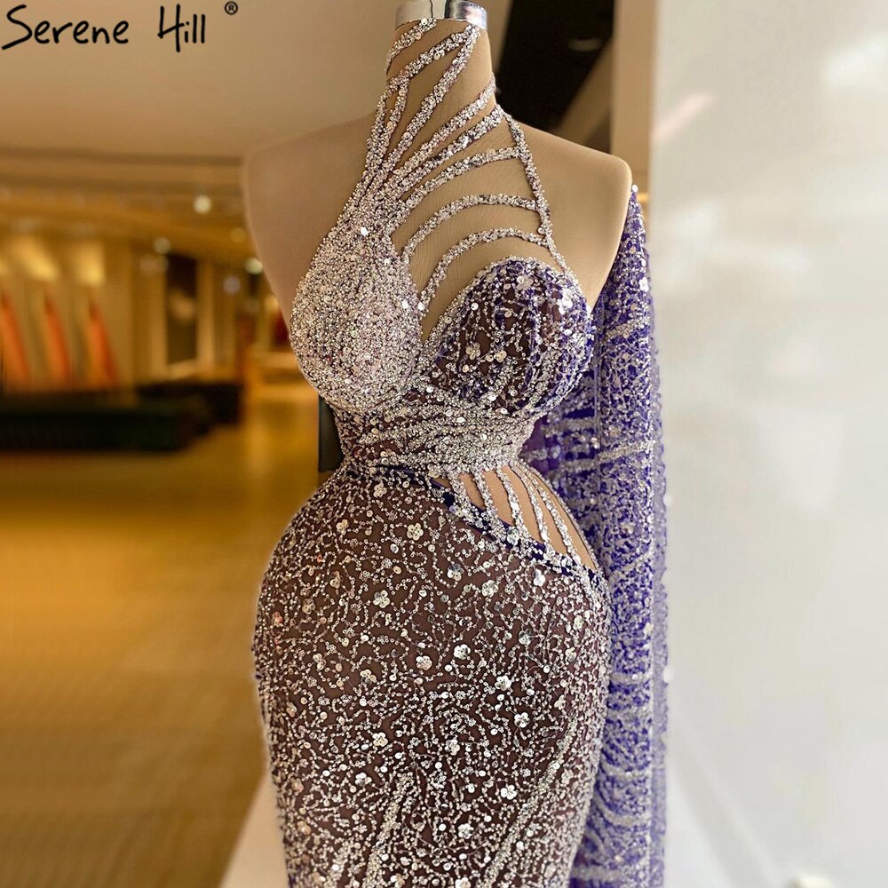 Elegante vestido de noche morado de sirena, con mangas abullonadas y cuentas, para mujer, para fiesta, LA71242