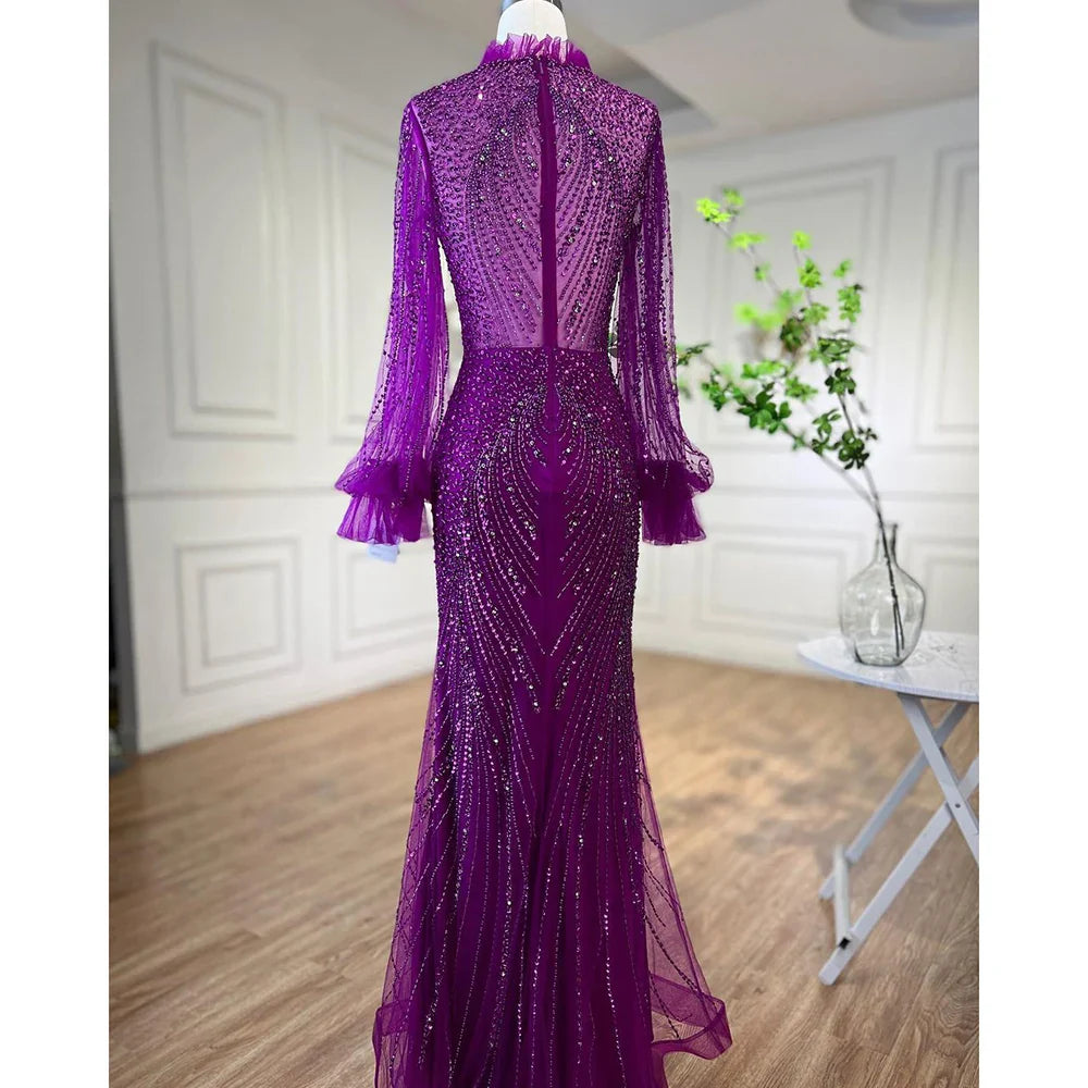 Vestido de noche elegante de sirena morado con cuello alto, mangas largas y cuentas, de lujo, para mujer, fiesta, LA71690