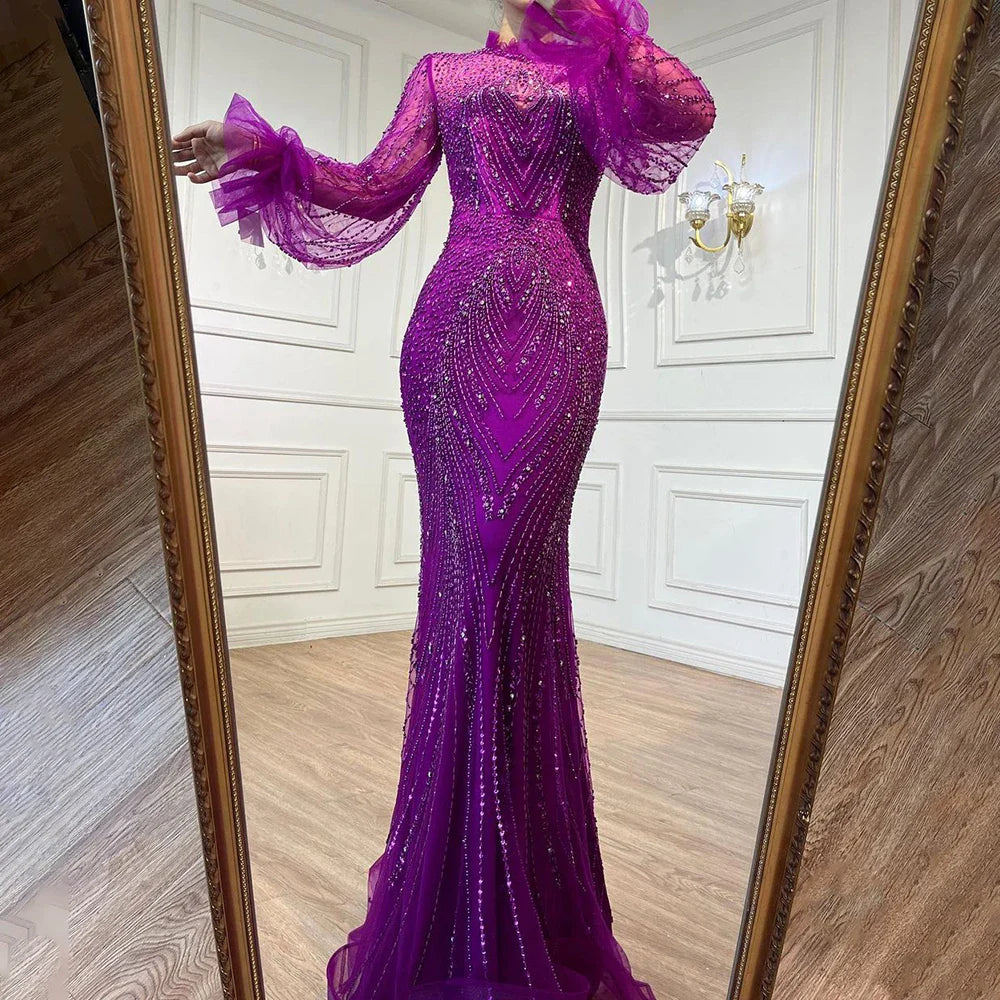 Vestido de noche elegante de sirena morado con cuello alto, mangas largas y cuentas, de lujo, para mujer, fiesta, LA71690