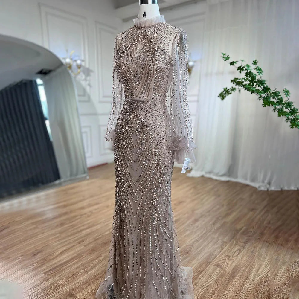 Vestido de noche elegante de sirena morado con cuello alto, mangas largas y cuentas, de lujo, para mujer, fiesta, LA71690
