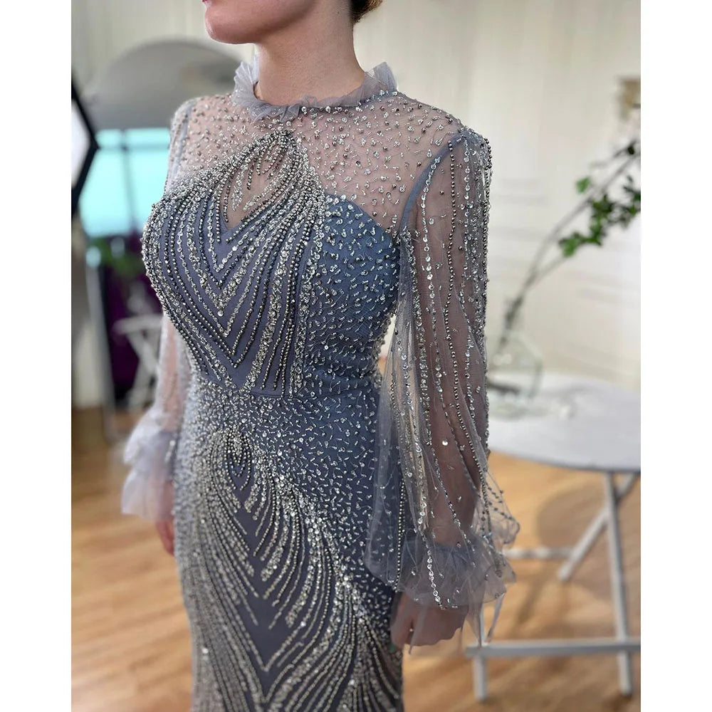 Vestido de noche elegante de sirena morado con cuello alto, mangas largas y cuentas, de lujo, para mujer, fiesta, LA71690