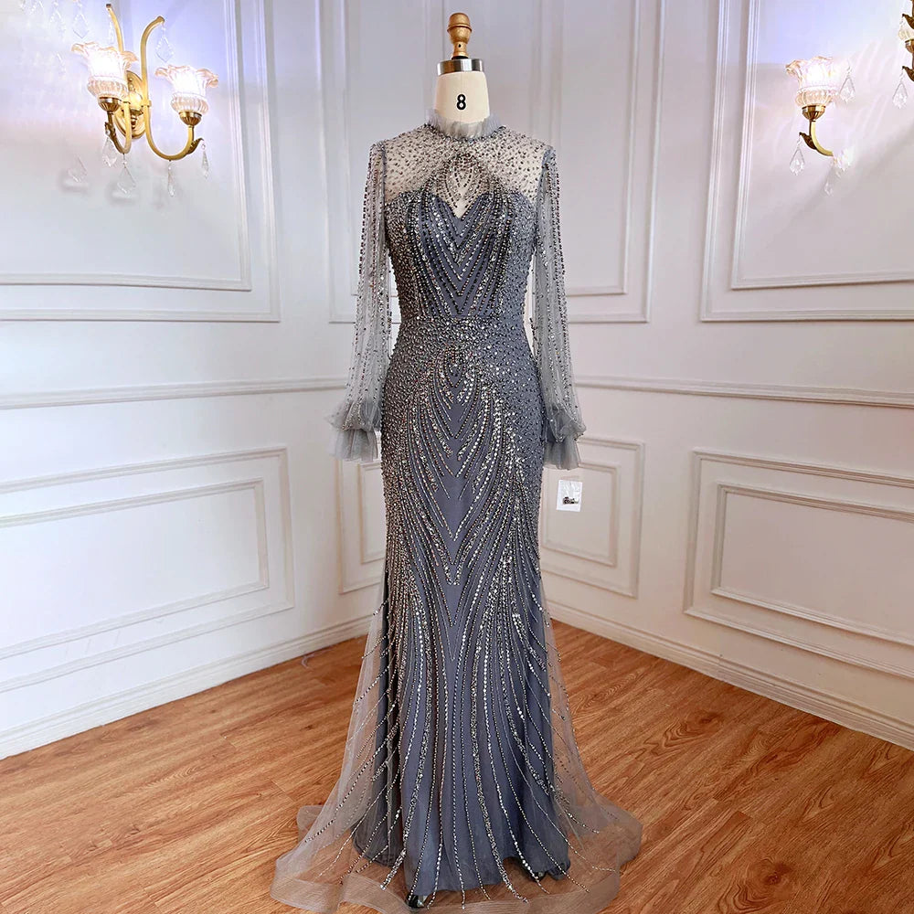 Vestido de noche elegante de sirena morado con cuello alto, mangas largas y cuentas, de lujo, para mujer, fiesta, LA71690