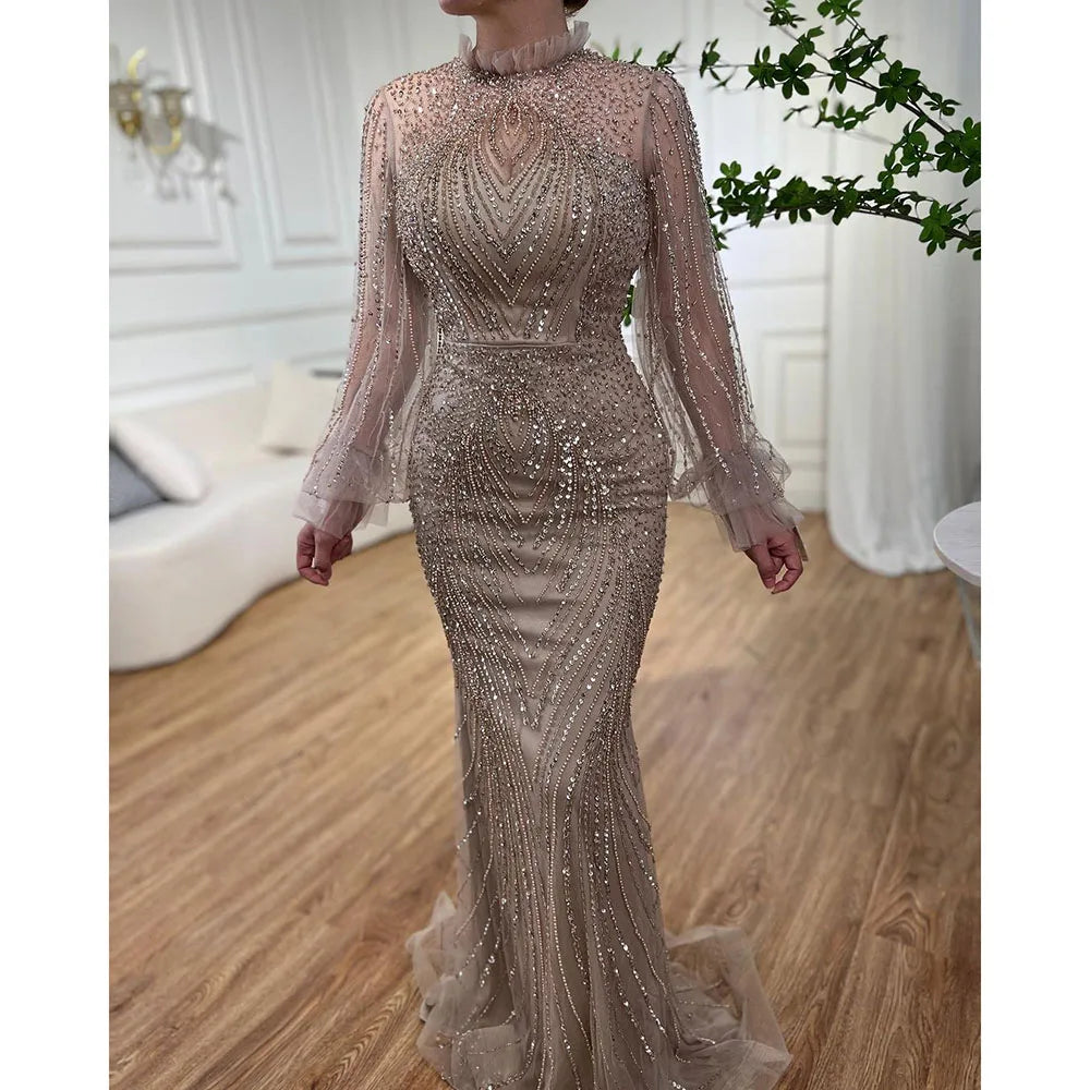 Vestido de noche elegante de sirena morado con cuello alto, mangas largas y cuentas, de lujo, para mujer, fiesta, LA71690