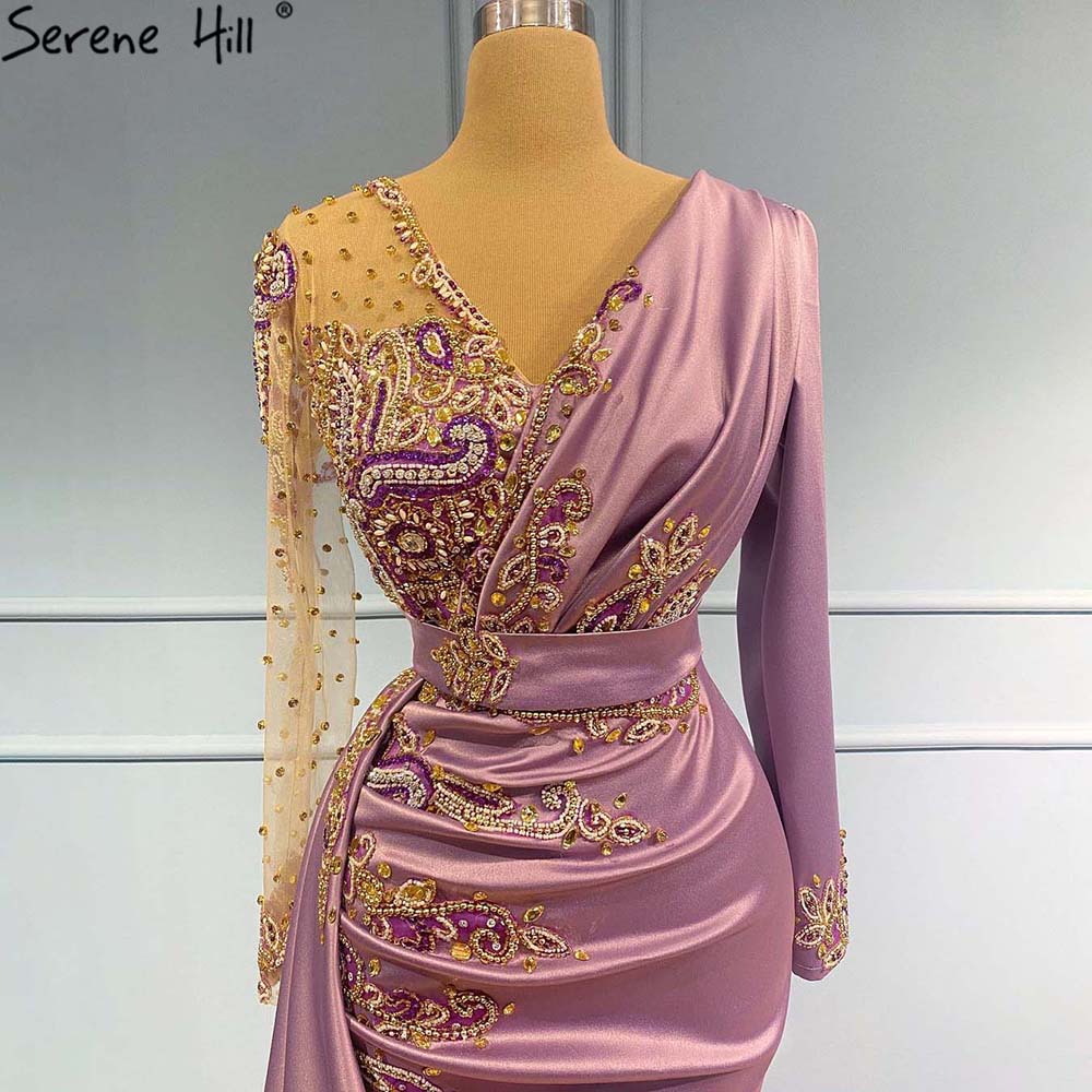 Vestidos de noche de satén sirena morados 2025, elegantes vestidos de lujo con cuentas para mujer, fiesta LA71364