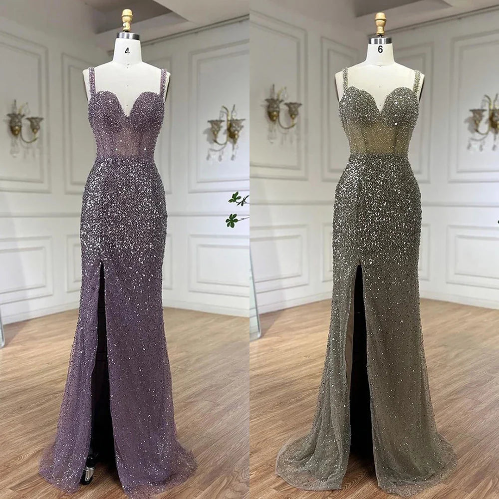 Vestido de noche morado con tirantes finos, corte sirena, cuentas y abertura alta para mujer, para boda, 2025, LA72454