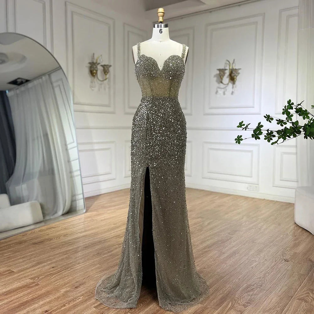 Vestido de noche morado con tirantes finos, corte sirena, cuentas y abertura alta para mujer, para boda, 2025, LA72454