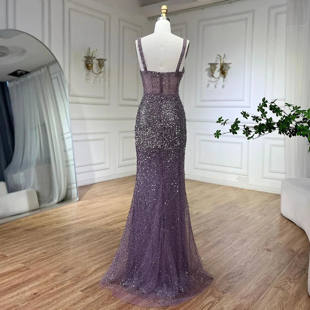 Vestido de noche morado con tirantes finos, corte sirena, cuentas y abertura alta para mujer, para boda, 2025, LA72454
