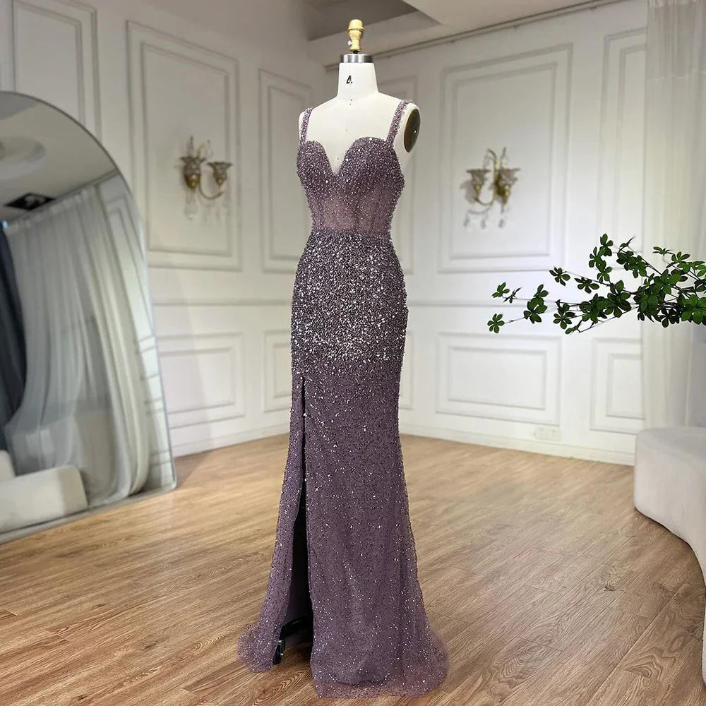 Vestido de noche morado con tirantes finos, corte sirena, cuentas y abertura alta para mujer, para boda, 2025, LA72454