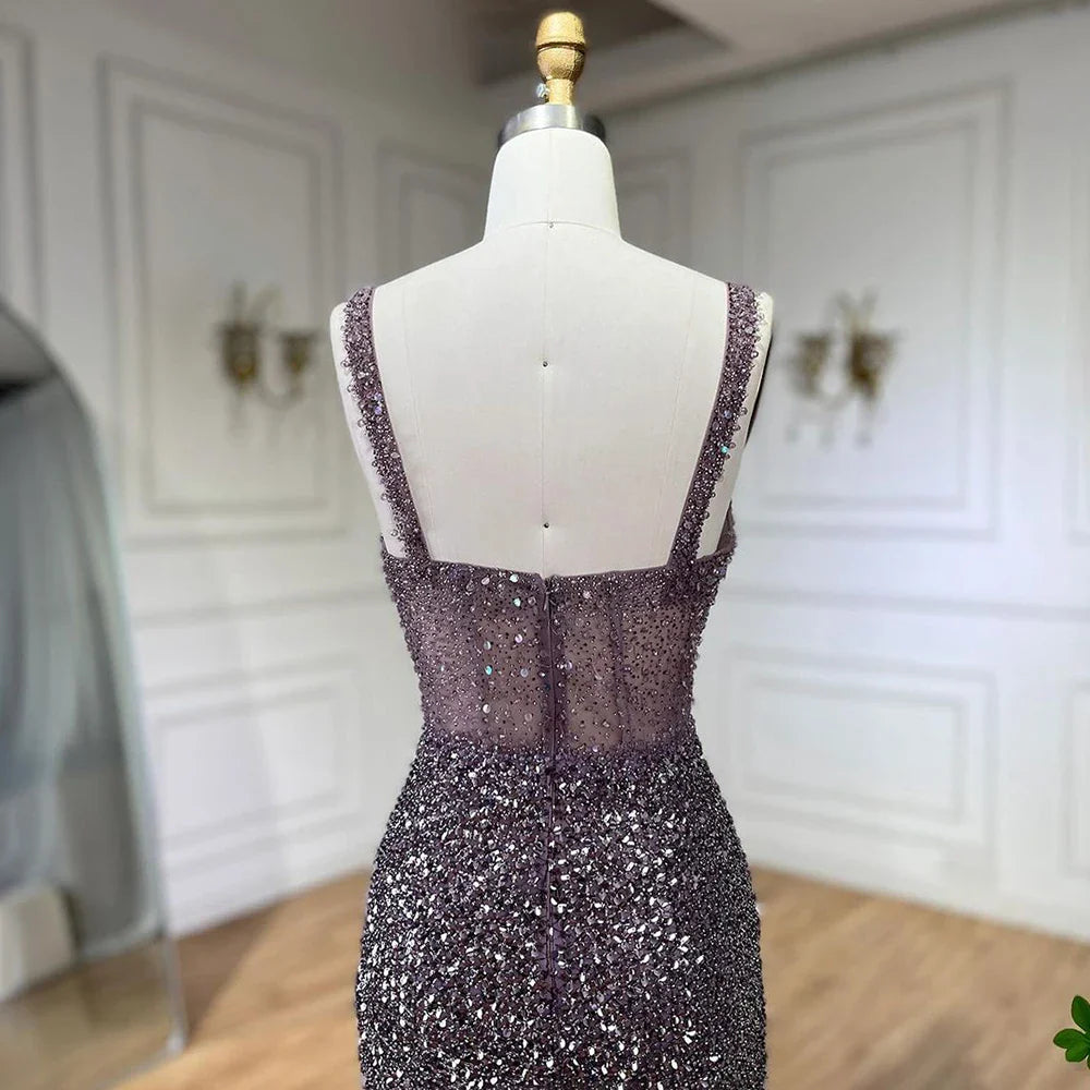 Vestido de noche morado con tirantes finos, corte sirena, cuentas y abertura alta para mujer, para boda, 2025, LA72454