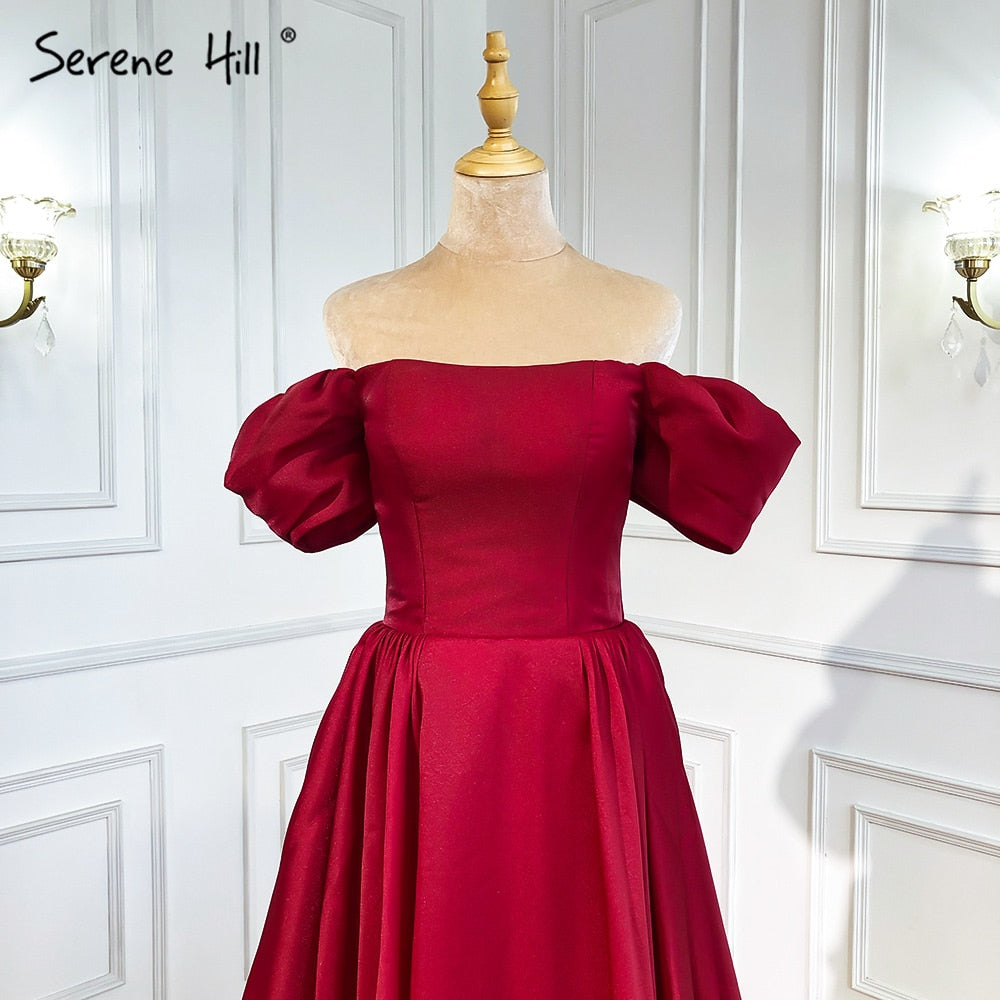 Vestidos de noche rojos de satén con corte en A, sencillos, con hombros descubiertos y sexys, para mujer, para fiestas, LA71286