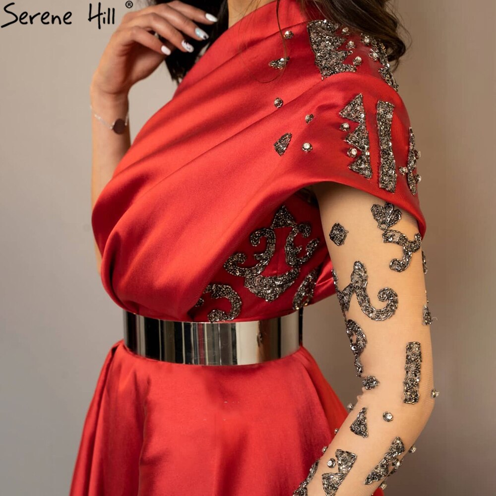 Vestido de noche sexy de satén rojo con cuentas, corte A, un hombro, para mujer, fiesta, LA71136