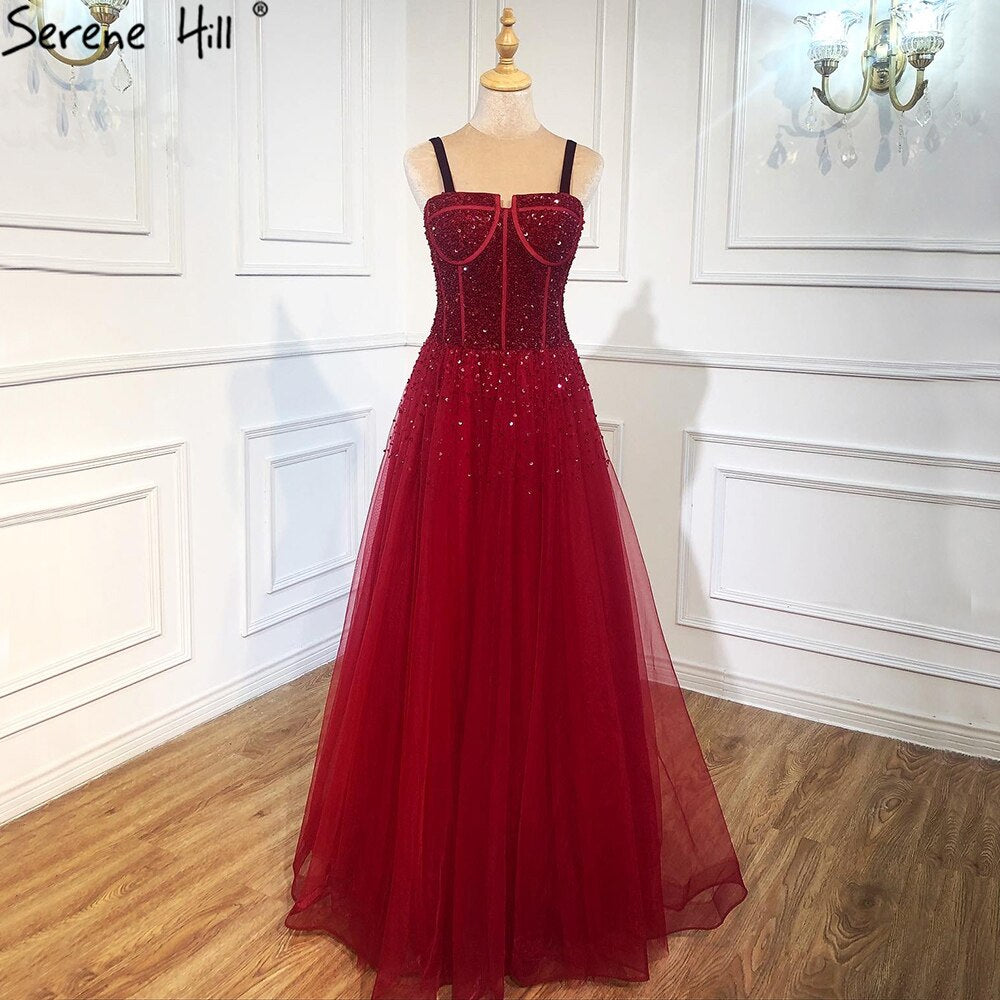 Vestidos de noche rojos con cuentas 2025, sin mangas, corte A, de lujo, hasta el suelo, diseño formal LA70600