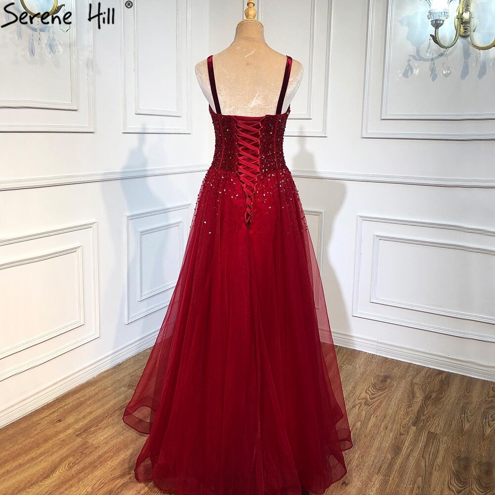 Vestidos de noche rojos con cuentas 2025, sin mangas, corte A, de lujo, hasta el suelo, diseño formal LA70600