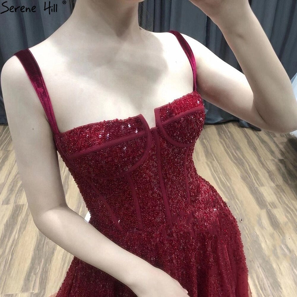 Vestidos de noche rojos con cuentas 2025, sin mangas, corte A, de lujo, hasta el suelo, diseño formal LA70600