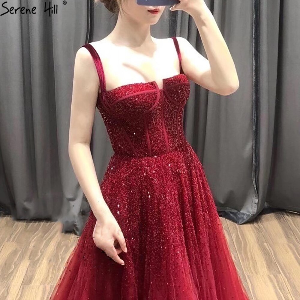 Vestidos de noche rojos con cuentas 2025, sin mangas, corte A, de lujo, hasta el suelo, diseño formal LA70600
