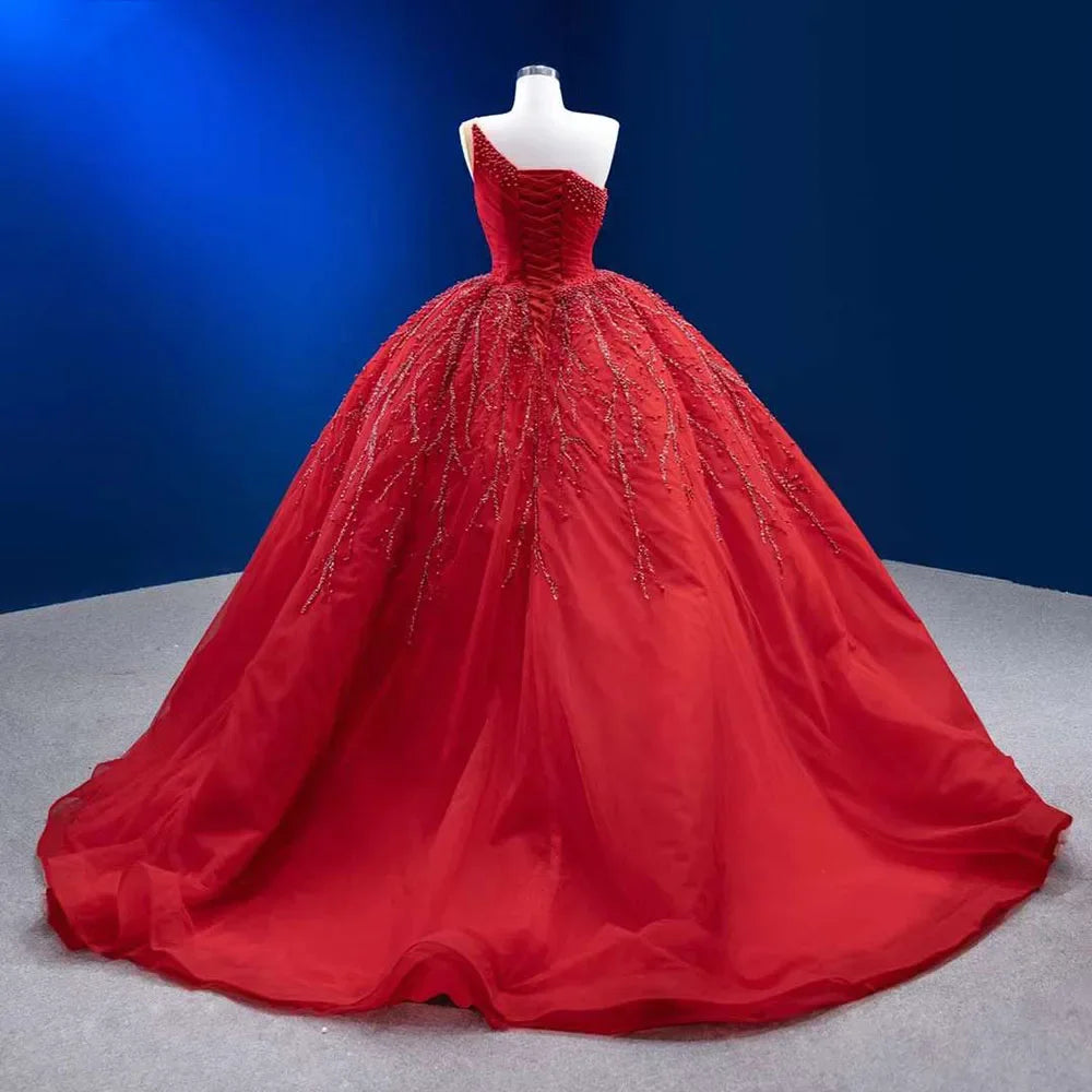 Rot Elegante Eine Schulter Lace Up Perlen Perlen Luxus Braut Kleider Hochzeit Kleid 2025 High-End Nach Maß HM222191
