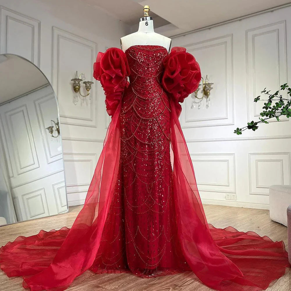Vestido de noche largo estilo sirena con capa roja, mangas abullonadas y sobrefalda con cuentas, ideal para fiestas femeninas LA72585