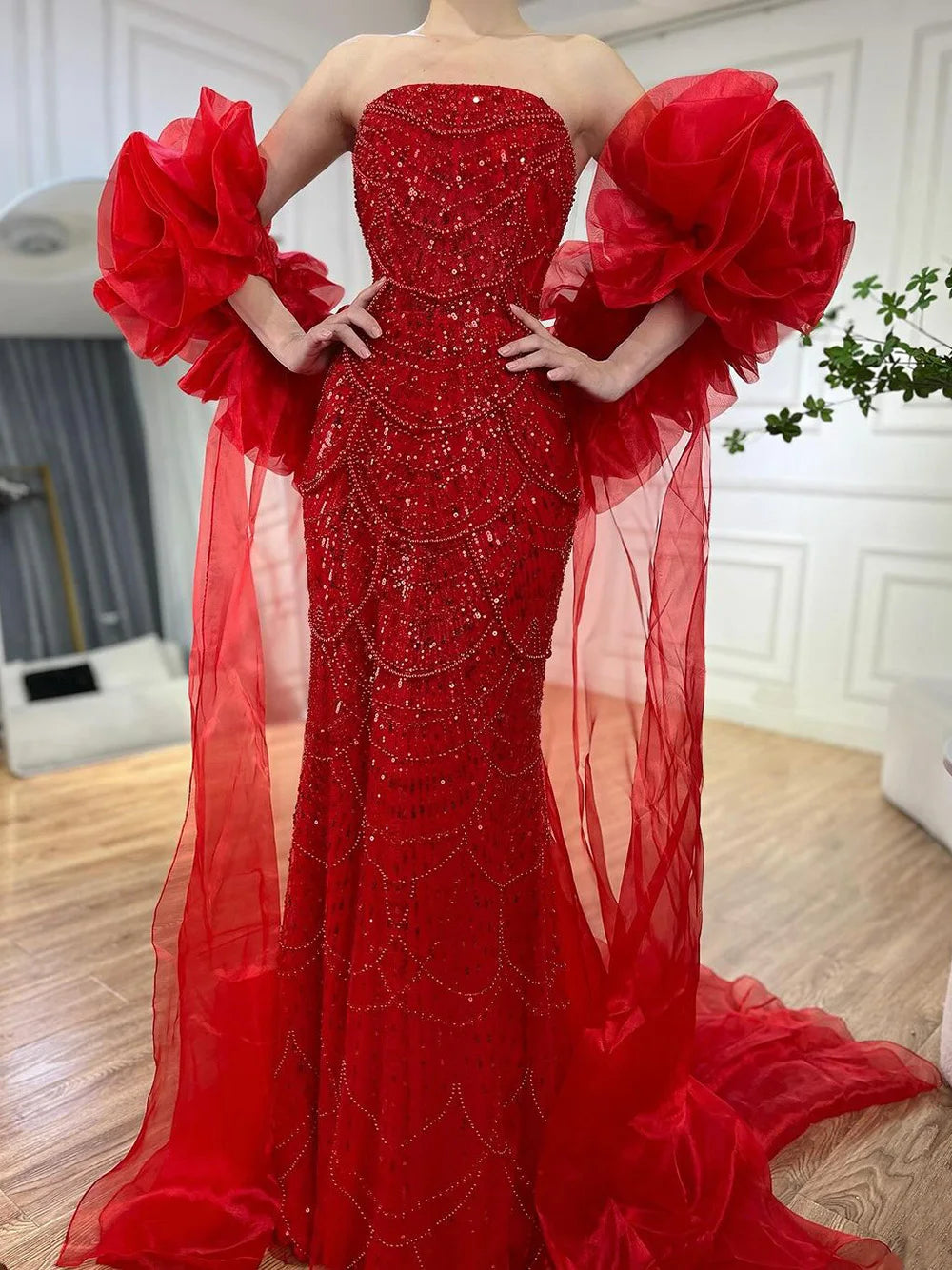 Vestido de noche largo estilo sirena con capa roja, mangas abullonadas y sobrefalda con cuentas, ideal para fiestas femeninas LA72585