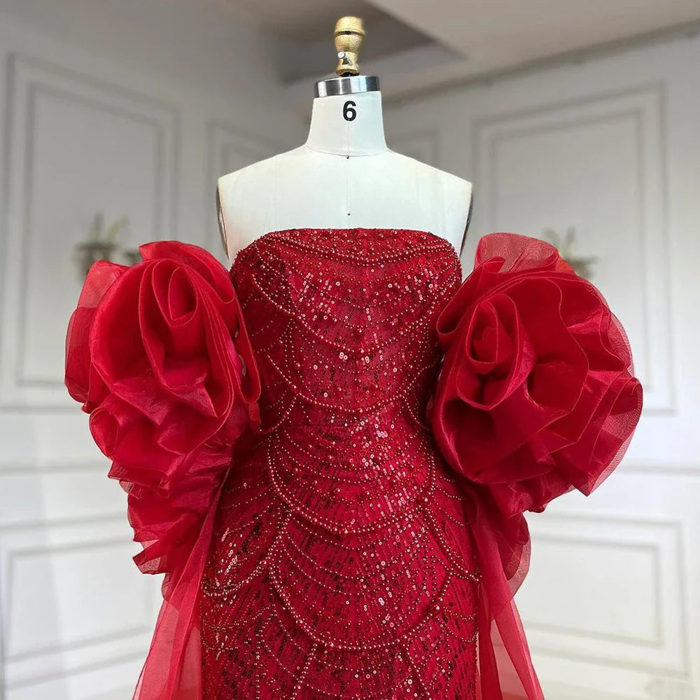 Vestido de noche largo estilo sirena con capa roja, mangas abullonadas y sobrefalda con cuentas, ideal para fiestas femeninas LA72585