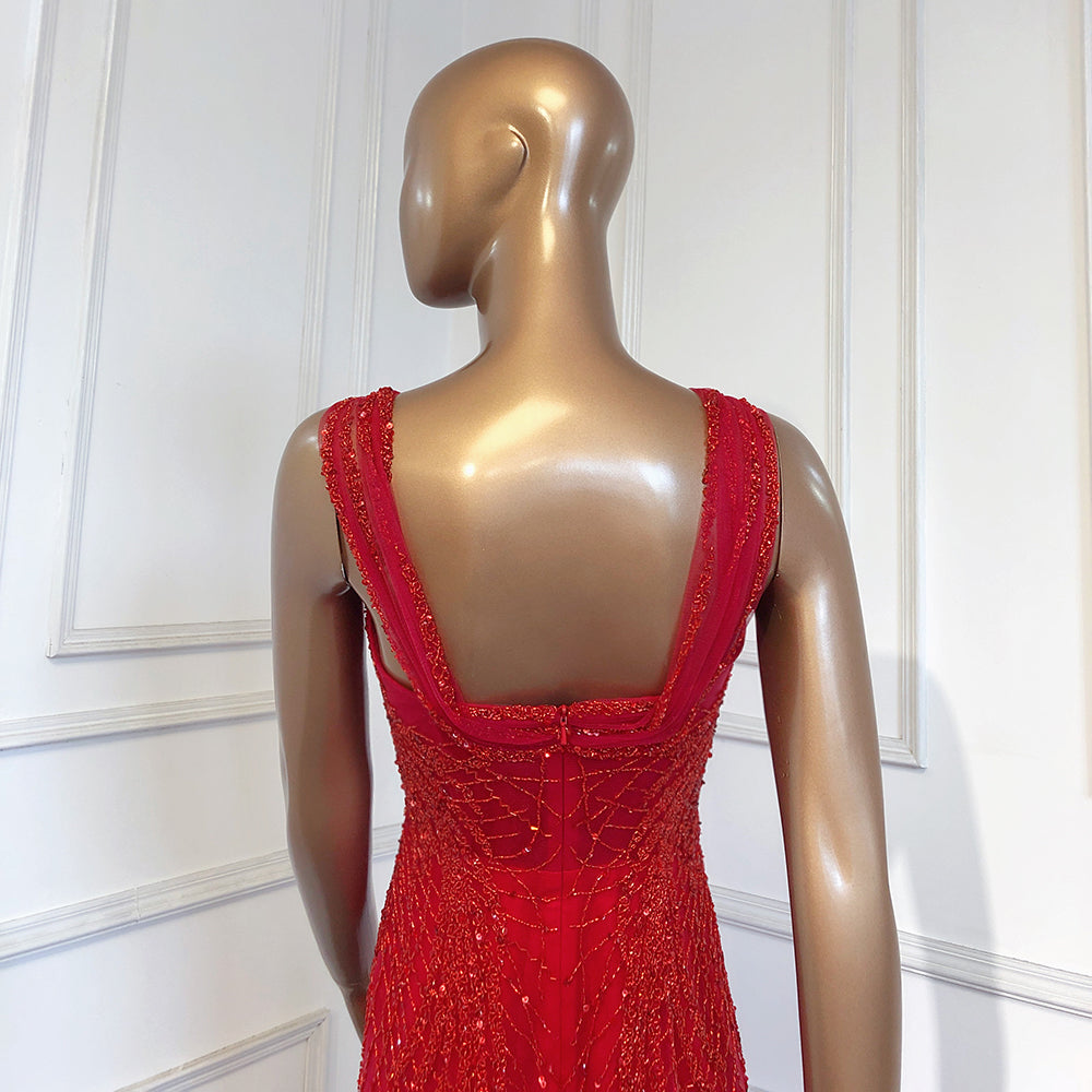 Vestidos de noche de lujo con escote sirena rojo, 2025, con cuentas, sexys y elegantes para mujer, para fiesta, LA71613