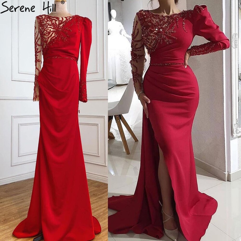 Red Mermaid Split Abendkleider Kleider 2025 Satin Perlen Elegante Sexy Für Frauen Party LA70992