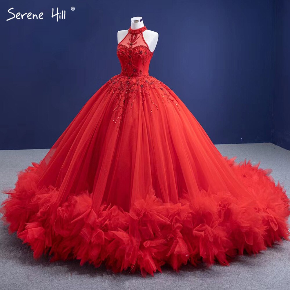 Vestidos de novia de lujo con volantes rojos y cuentas 2025, sin mangas, con cordones, sexys, HM67324, hechos a medida