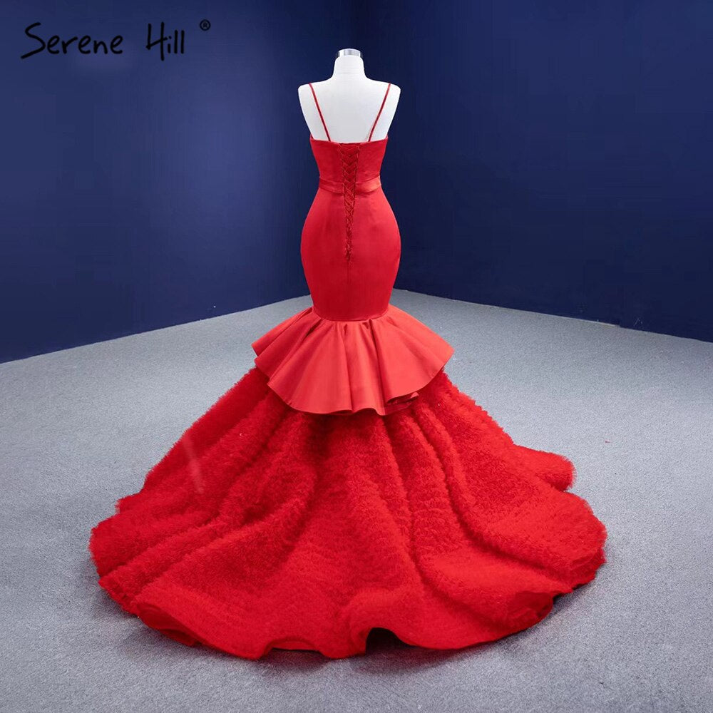 Vestidos de novia sirena con volantes rojos 2025, tirantes finos, elegantes y sexys, HM67311, hechos a medida