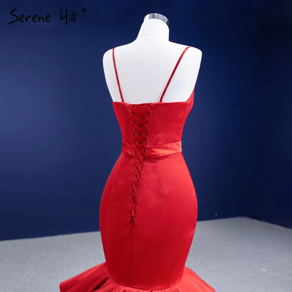 Vestidos de novia sirena con volantes rojos 2025, tirantes finos, elegantes y sexys, HM67311, hechos a medida