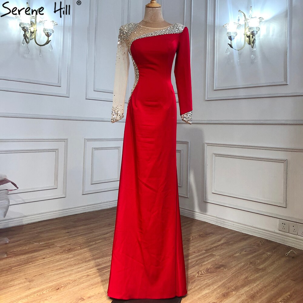 Vestidos de noche de sirena de satén rojo 2025, elegantes y sexys con cuentas para mujer, para bodas y fiestas LA71152