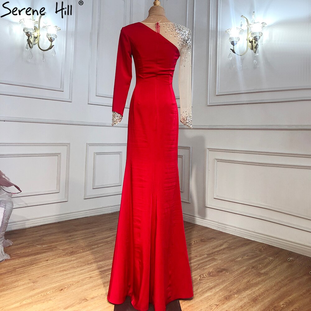 Vestidos de noche de sirena de satén rojo 2025, elegantes y sexys con cuentas para mujer, para bodas y fiestas LA71152