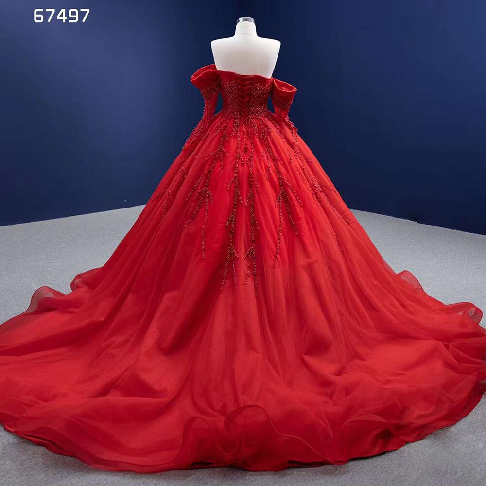 Vestido de novia rojo sexy con hombros descubiertos, perlas y cuentas de lujo, vestido de novia 2025 de alta gama, hecho a medida HM67497