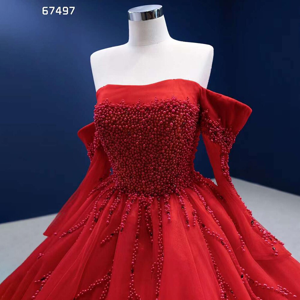 Vestido de novia rojo sexy con hombros descubiertos, perlas y cuentas de lujo, vestido de novia 2025 de alta gama, hecho a medida HM67497