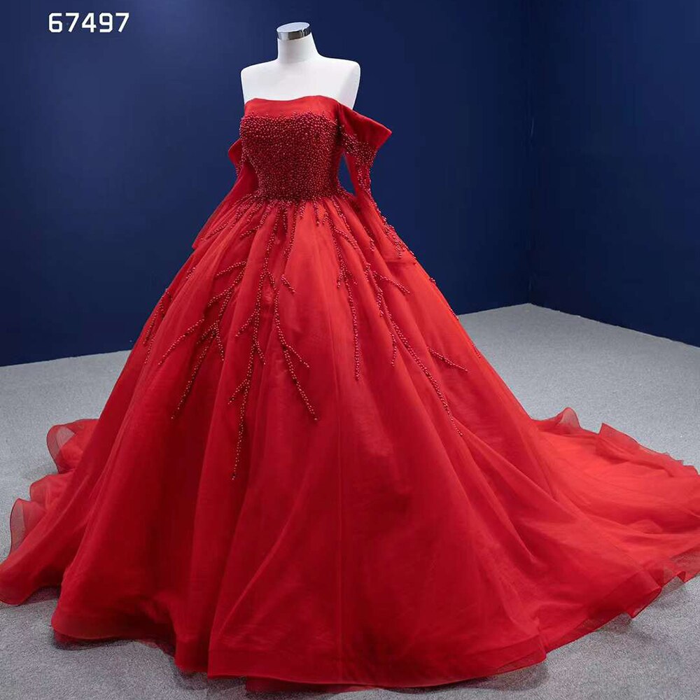 Vestido de novia rojo sexy con hombros descubiertos, perlas y cuentas de lujo, vestido de novia 2025 de alta gama, hecho a medida HM67497
