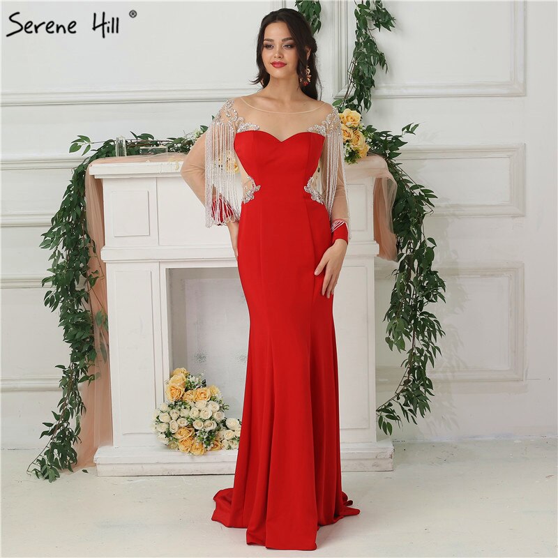 Rote Quaste Perlen Abendkleider Kleider 2025 Satin Meerjungfrau Elegante Für Frauen Party LA6618