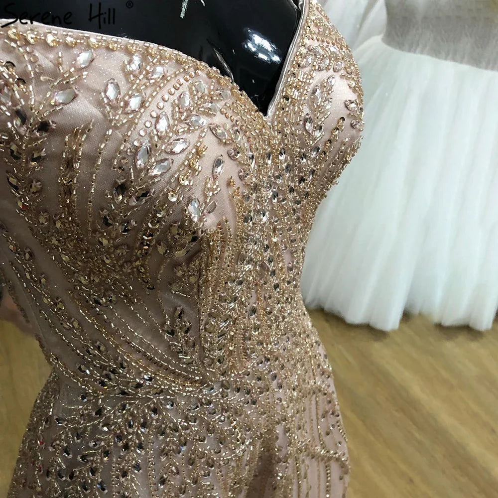 Rose Gold Beaded Evening Dresses Gowns 2025 A-Line Luxury Sleeveless For Women Party LA71459