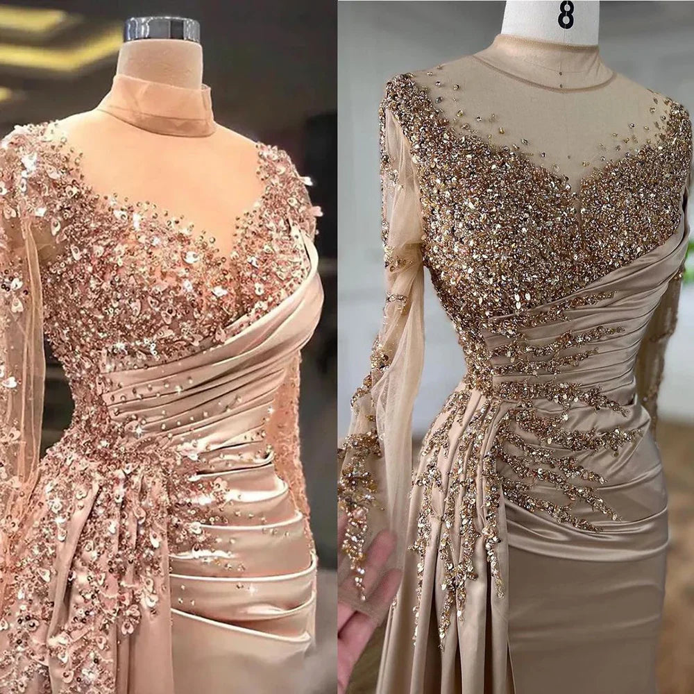Rose Gold Long Sleeve High Neck Luxury Mermaid With Skirt Evening Dresses Gowns For Women Party 2025 LA71804
